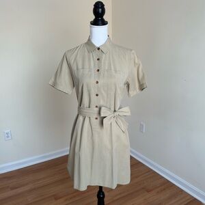 J Crew Beige Utility Shirt Dress Tie Waist and side Pockets Size 6